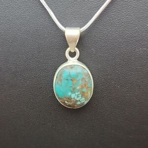 Natural Hubei Turquoise Pendant Sterling Silver Oval Blue Green Southwest Unisex
